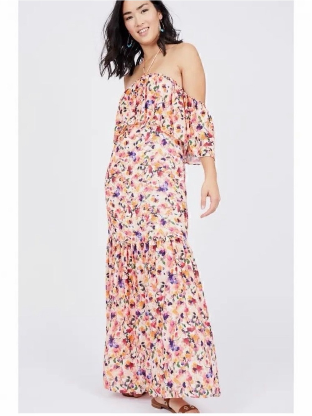 Catherine Malandrino Pink Floral, flowy Strapless Maxi Dress
